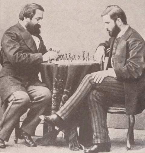 Georgian writers Ilia Chavchavadze and Ivane Machabeli playing chess, 1873 St Petersburg. Public domain photo. 