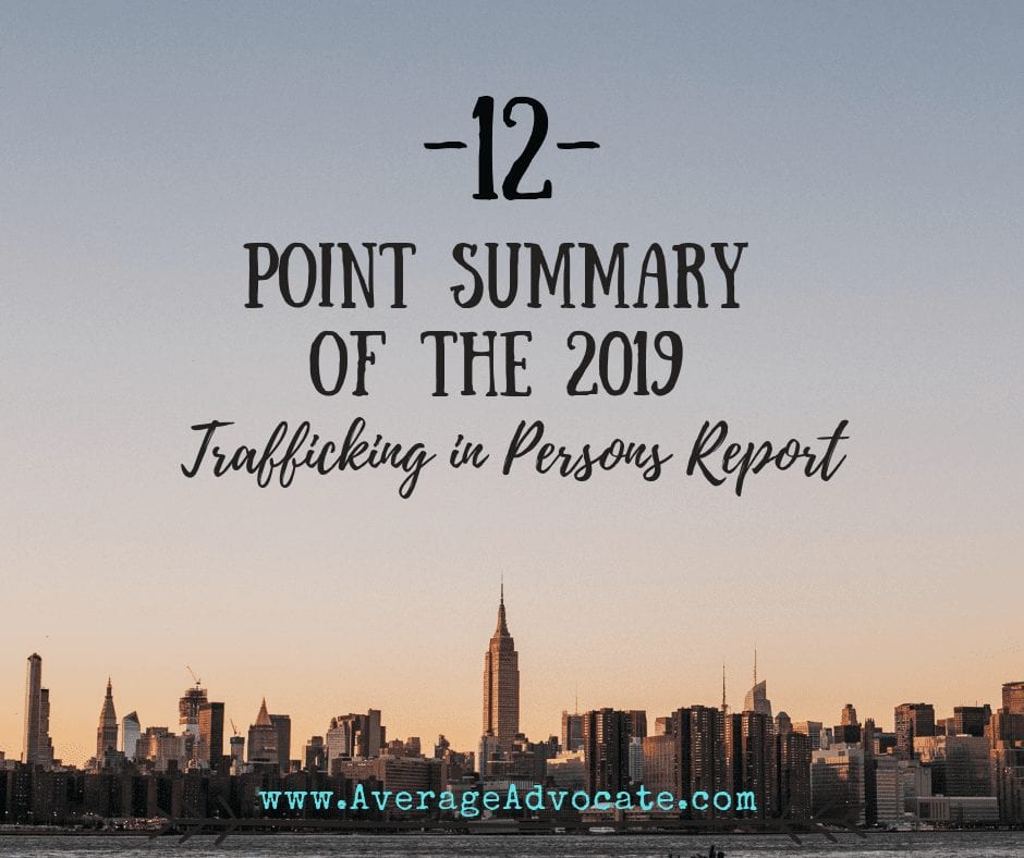 12 point summary of the 2019 TIP report on human trafficking with an image on NYC