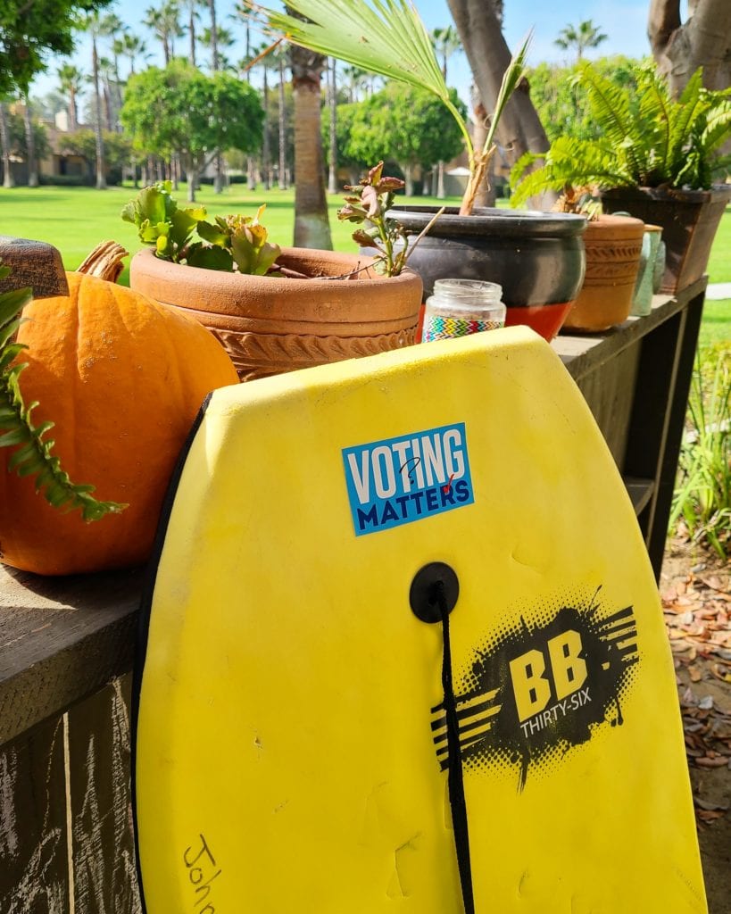 Yellow Boogie Board with Voting Matters Sticker