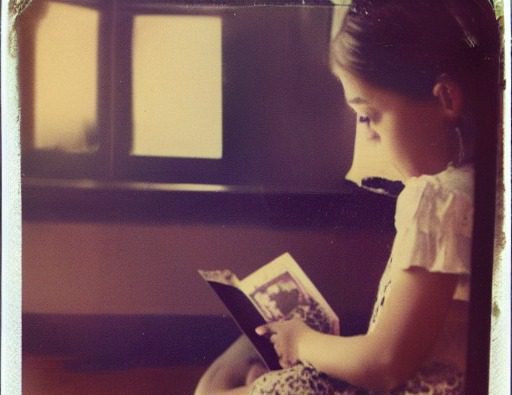Little girl reading magazines about astronomy, polaroid photograph