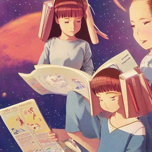 Little girls looking at magazines about NASA, anime style, rhads, Bruce Pennington, Studio Ghibli, tim hildebrandt, trending on artstation