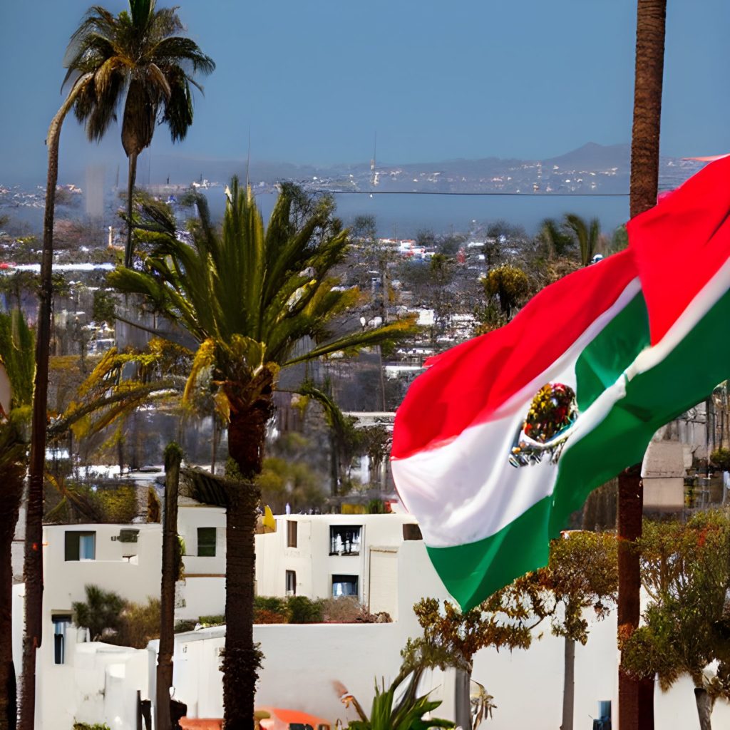 Two cities at a distance in Baja California, separated. One city is in Mexico with day of the dead, Mexican flags and tacos. The other city is San Diego, A beach town with palm trees. 