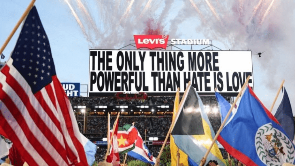 Image of Superbowl 2026 with flags from Bad Bunny's Performance.